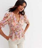 New Look Off White Floral Chiffon Frill Wrap Blouse